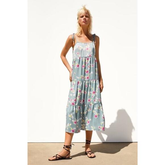 Zara Blue Floral Print Swing Midi Dress - XS - Picture 6 of 8